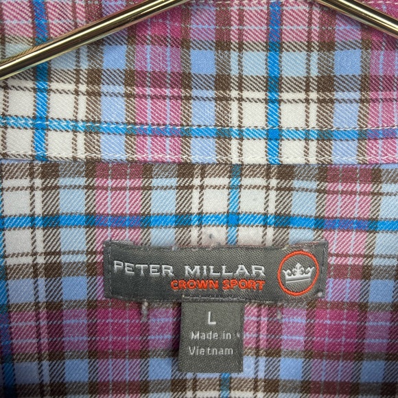 Peter Millar Crown Sport soft button down short plaid purple blue white Sz large - Picture 2 of 7